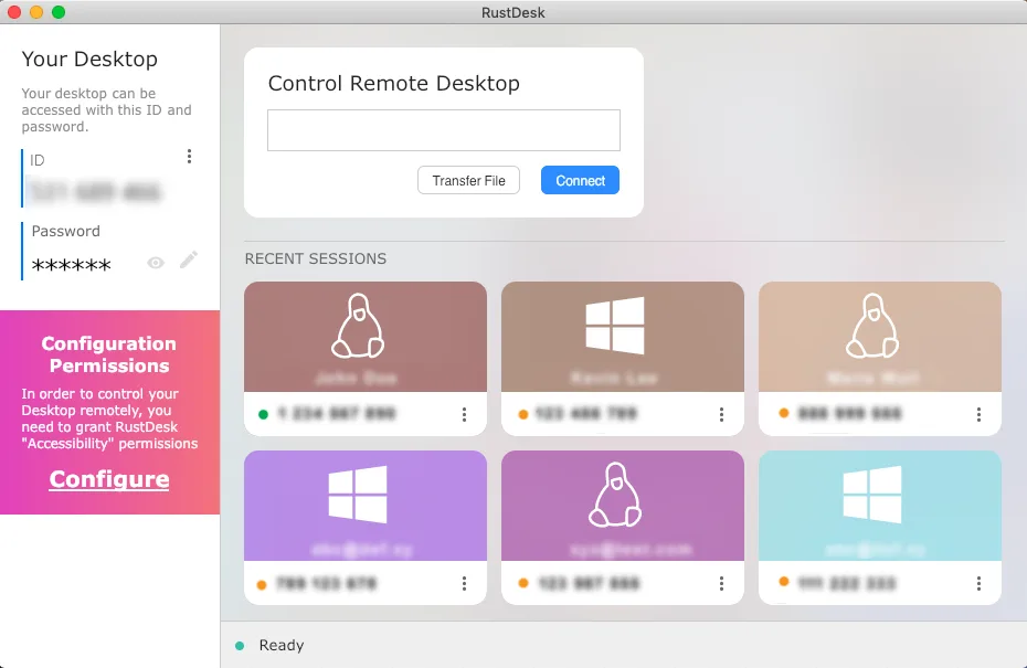 RustDesk connection manager listing recent remote desktop peers.