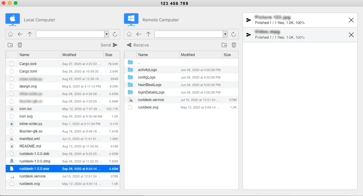RustDesk File Transfer window with local and remote panes visible.